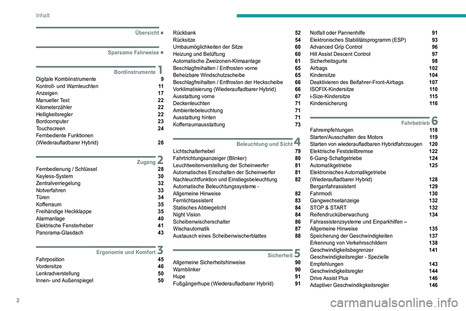PEUGEOT 3008 2021  Betriebsanleitungen (in German) 2
Inhalt
  ■
Übersicht
  ■
Sparsame Fahrweise
 1BordinstrumenteDigitale Kombiinstrumente  9
Kontroll- und Warnleuchten  11
Anzeigen  17
Manueller Test  22
Kilometerzähler  22
Helligkeitsregl