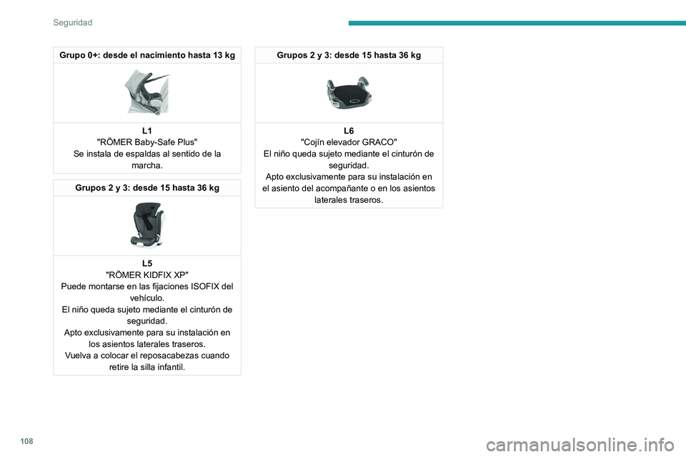 PEUGEOT 3008 2021 Manual del propietario (in Spanish) 108
Seguridad
Grupo 0+: desde el nacimiento hasta 13 kg
L1
"RÖMER Baby-Safe Plus"
Se instala de espaldas al sentido de la marcha.
Grupos 2 y 3: desde 15 hasta 36 kg
L5
"RÖMER KIDF PEUGEOT 3008 2021 Manual del propietario (in Spanish) 108
Seguridad
Grupo 0+: desde el nacimiento hasta 13 kg
L1
"RÖMER Baby-Safe Plus"
Se instala de espaldas al sentido de la marcha.
Grupos 2 y 3: desde 15 hasta 36 kg
L5
"RÖMER KIDF