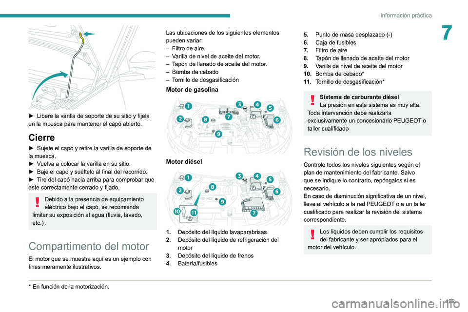 PEUGEOT 3008 2021  Manual del propietario (in Spanish) 195
Información práctica
7
 
► Libere la varilla de soporte de su sitio y fíjela 
en la muesca para mantener el capó abierto.
Cierre
► Sujete el capó y retire la varilla de soporte de 
la mue