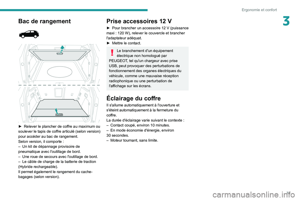 PEUGEOT 3008 2021  Manuel du propriétaire (in French) 75
Ergonomie et confort
3Bac de rangement 
 
 
 
► Relever le plancher de coffre  au maximum ou 
soulever le tapis de coffre articulé (selon version) 
pour accéder au bac de rangement.
Selon versi