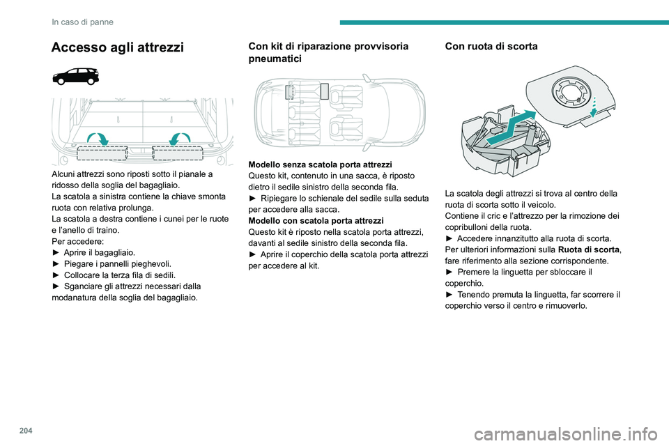PEUGEOT 3008 2021 Manuale duso (in Italian) 204
In caso di panne
Accesso agli attrezzi
Alcuni attrezzi sono riposti sotto il pianale a
ridosso della soglia del bagagliaio.
La scatola a sinistra contiene la chiave smonta
ruota con relat PEUGEOT 3008 2021 Manuale duso (in Italian) 204
In caso di panne
Accesso agli attrezzi
Alcuni attrezzi sono riposti sotto il pianale a
ridosso della soglia del bagagliaio.
La scatola a sinistra contiene la chiave smonta
ruota con relat