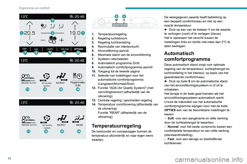 PEUGEOT 3008 2021  Instructieboekje (in Dutch) 62
Ergonomie en comfort
 
 
 
 
 
 
 
1. Temperatuurregeling
2. Regeling luchtstroom
3. Regeling luchtverdeling
4. Recirculatie van interieurlucht
5. Airconditioning aan/uit
6. Maximale stand van de a