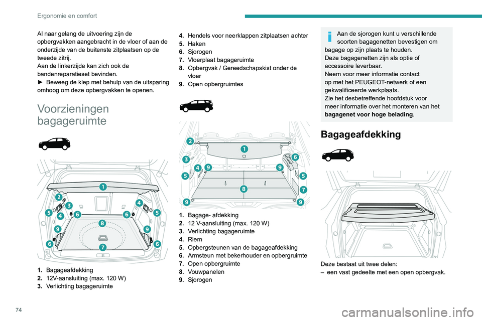 PEUGEOT 3008 2021  Instructieboekje (in Dutch) 74
Ergonomie en comfort
Al naar gelang de uitvoering zijn de 
opbergvakken aangebracht in de vloer of aan de 
onderzijde van de buitenste zitplaatsen op de 
tweede zitrij.
Aan de linkerzijde kan zich 