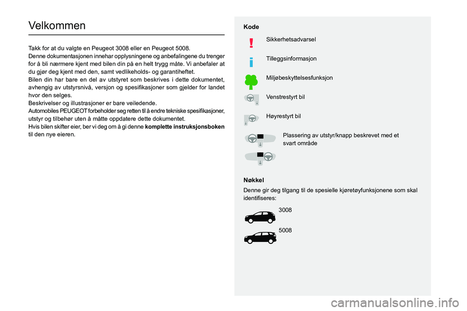 PEUGEOT 3008 2021  Instruksjoner for bruk (in Norwegian)   
 
 
 
 
 
  
  
   
   
 
  
 
  
 
 
 
   
 
 
  
Velkommen
Takk for at du valgte en Peugeot 3008 eller en Peugeot 5008.
Denne dokumentasjonen innehar opplysningene og anbefalingene du trenger 
fo
