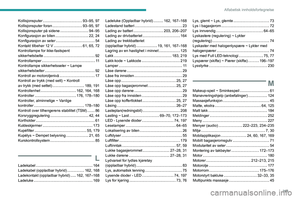 PEUGEOT 3008 2021 Instruksjoner for bruk (in Norwegian) 261
Alfabetisk innholdsfortegnelse
Kollisjonsputer 93–95, 97
Kollisjonsputer foran
93–95, 97
Kollisjonsputer på sidene
94–95
Konfigurasjon av bilen
22, 24
Konfigurasjon av se PEUGEOT 3008 2021 Instruksjoner for bruk (in Norwegian) 261
Alfabetisk innholdsfortegnelse
Kollisjonsputer 93–95, 97
Kollisjonsputer foran
93–95, 97
Kollisjonsputer på sidene
94–95
Konfigurasjon av bilen
22, 24
Konfigurasjon av se