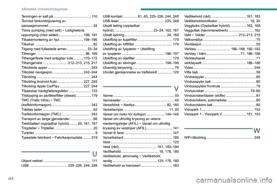 PEUGEOT 3008 2021 Instruksjoner for bruk (in Norwegian) 264
Alfabetisk innholdsfortegnelse
Tenningen er satt på 11 0
Termisk førkondisjonering av
passasjerrommet
24
Tidvis pumping (med sett) ~ Leilighetsvis
oppumping (med settet)
189, 19 PEUGEOT 3008 2021 Instruksjoner for bruk (in Norwegian) 264
Alfabetisk innholdsfortegnelse
Tenningen er satt på 11 0
Termisk førkondisjonering av
passasjerrommet
24
Tidvis pumping (med sett) ~ Leilighetsvis
oppumping (med settet)
189, 19