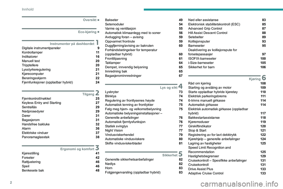 PEUGEOT 3008 2021  Instruksjoner for bruk (in Norwegian) 2
Innhold
  ■
Oversikt
  ■
Eco-kjøring
 1Instrumenter på dashbordetDigitale instrumentpaneler  9
Kontrollamper  11
Indikatorer  16
Manuell test  20
Tripptellere  20
Lysstyrkeregulering  21
K