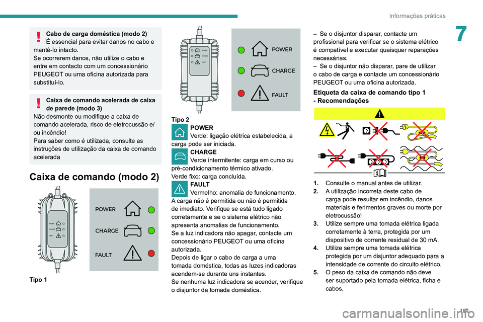 PEUGEOT 3008 2021 Manual de utilização (in Portuguese) 181
Informações práticas
7Cabo de carga doméstica (modo 2)
É essencial para evitar danos no cabo e
mantê-lo intacto.
Se ocorrerem danos, não utilize o cabo e
entre em contacto com um concess PEUGEOT 3008 2021 Manual de utilização (in Portuguese) 181
Informações práticas
7Cabo de carga doméstica (modo 2)
É essencial para evitar danos no cabo e
mantê-lo intacto.
Se ocorrerem danos, não utilize o cabo e
entre em contacto com um concess