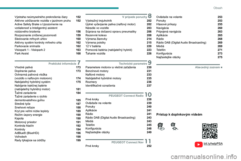 PEUGEOT 3008 2021  Návod na použitie (in Slovakian) 3
Obsah
  
  
 
 
 
 
Výstraha neúmyselného prekročenia čiary  152
Aktívne udržiavanie vozidla v jazdnom pruhu  152Active Safety Brake s Upozornenie na  
vzdialenosť a Inteligentný asistent  