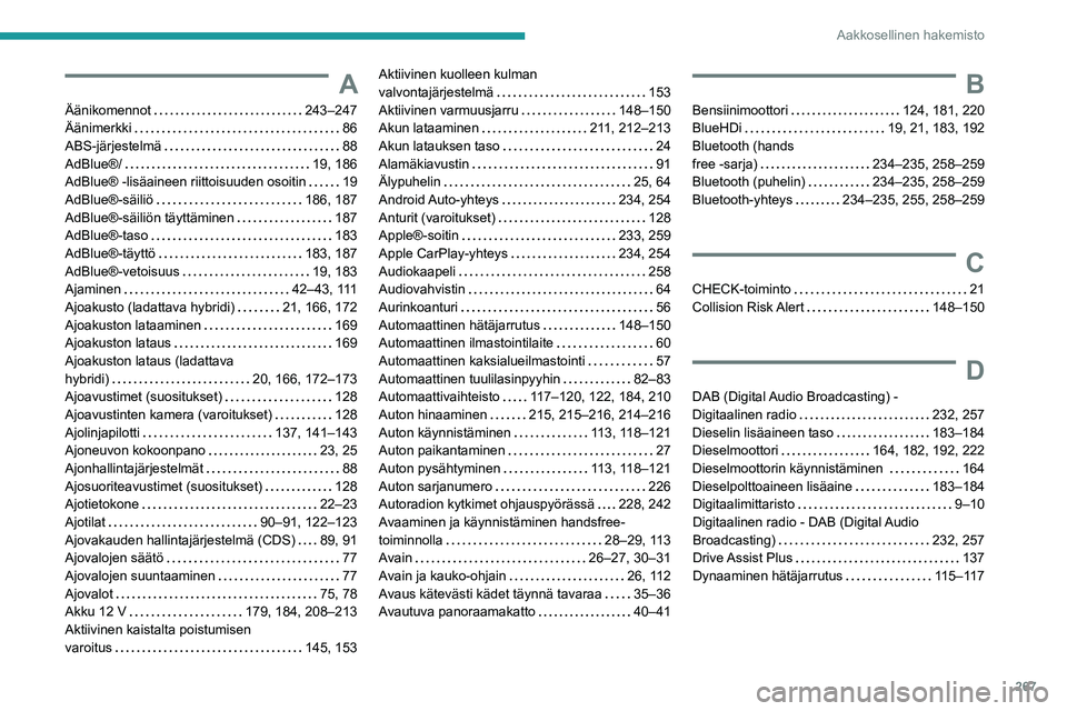 PEUGEOT 3008 2021  Omistajan Käsikirja (in Finnish) 267
Aakkosellinen hakemisto
A
Äänikomennot     243–247
Äänimerkki     
86
ABS-järjestelmä
    
88
AdBlue®/
    
19, 186
AdBlue® -lisäaineen riittoisuuden osoitin
    
19
AdBlue®-säiliö
 