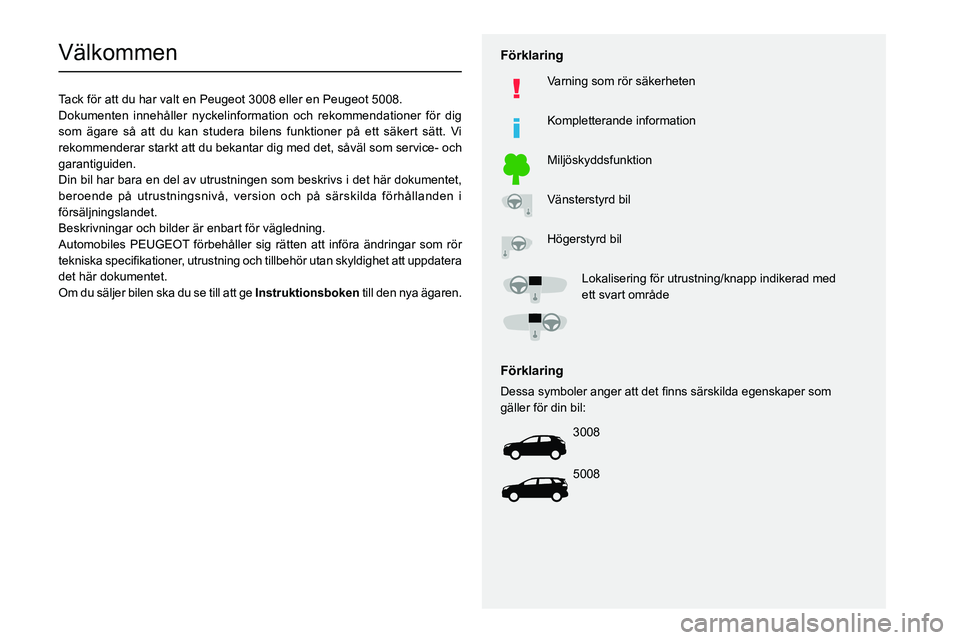 PEUGEOT 3008 2021  Bruksanvisningar (in Swedish)   
 
 
 
 
 
  
  
   
   
 
  
 
  
 
 
 
   
 
 
  
Välkommen
Tack för att du har valt en Peugeot 3008 eller en Peugeot 5008.
Dokumenten innehåller nyckelinformation och rekommendationer för d\
