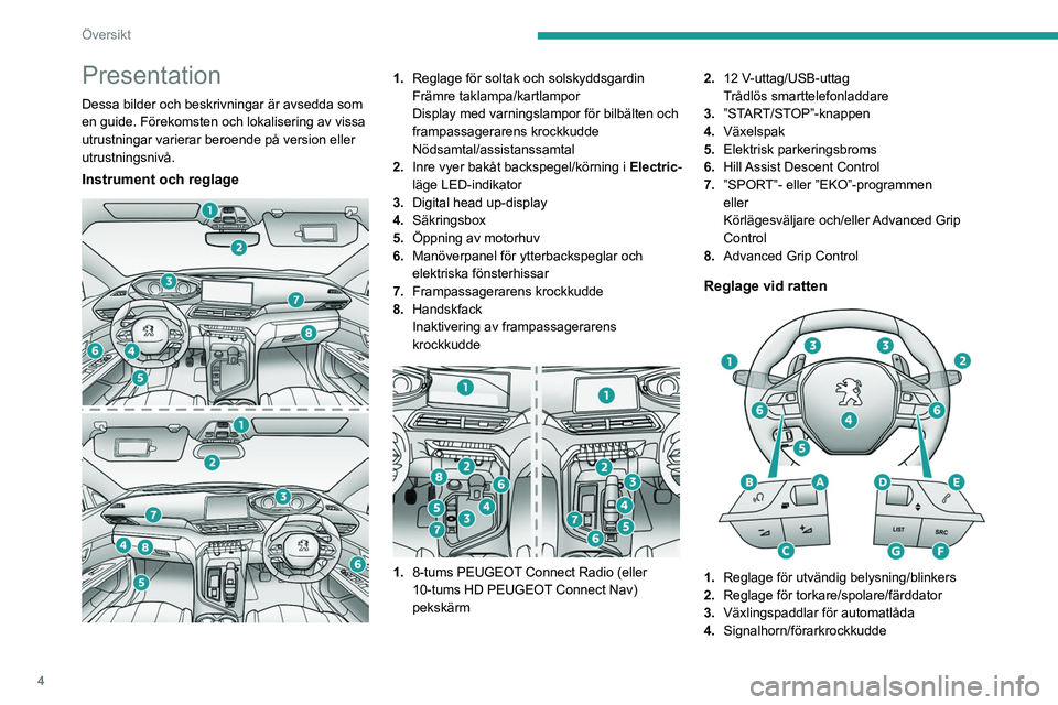PEUGEOT 3008 2021  Bruksanvisningar (in Swedish) 4
Översikt
Presentation
Dessa bilder och beskrivningar är avsedda som 
en guide. Förekomsten och lokalisering av vissa 
utrustningar varierar beroende på version eller 
utrustningsnivå.
Instrumen