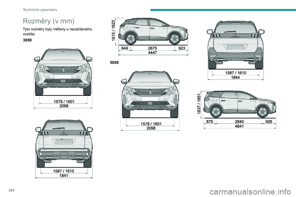 PEUGEOT 3008 2021  Návod na použití (in Czech) 224
Technické parametry
Rozměry (v mm)
Tyto rozměry byly měřeny u nezatíženého vozidla.
3008 
  
 
5008 
  
 
Identifikační prvky
Různé viditelné prvky pro identifikaci a vyhledání 
voz