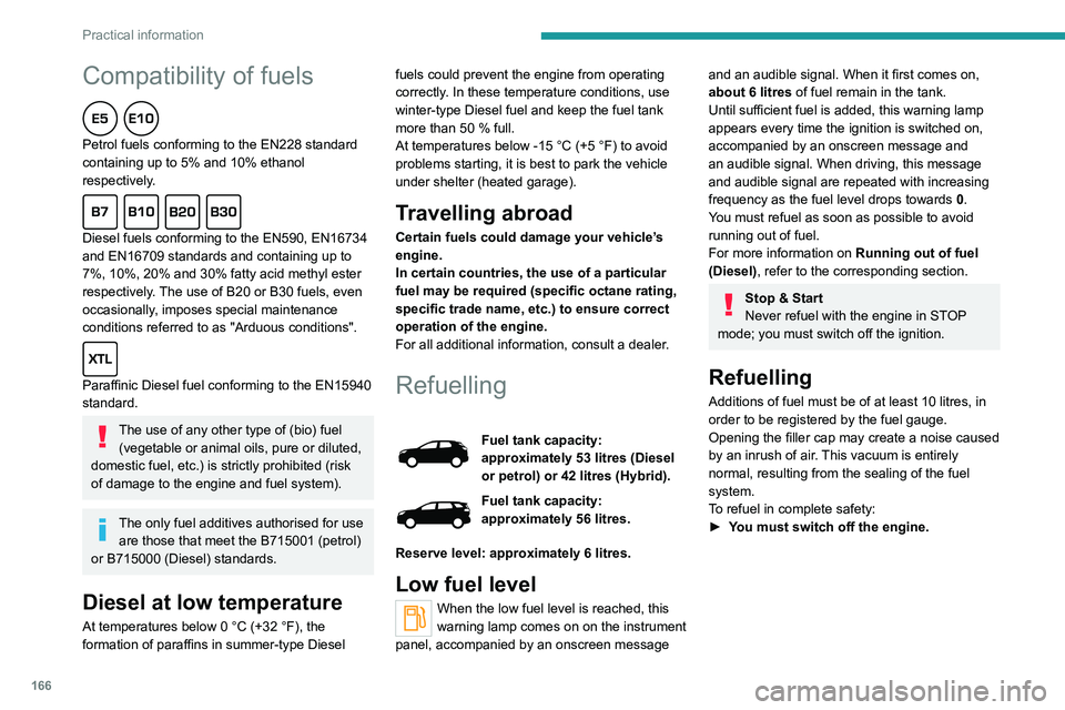 PEUGEOT 3008 2020  Owners Manual 166
Practical information
Compatibility of fuels  
Petrol fuels conforming to the EN228 standard 
containing up to 5% and 10% ethanol 
respectively.
  
Diesel fuels conforming to the EN590, EN16734 
a