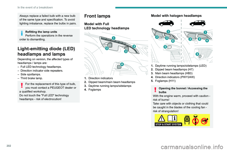 PEUGEOT 3008 2020  Owners Manual 202
In the event of a breakdown
Always replace a failed bulb with a new bulb 
of the same type and specification. To avoid 
lighting imbalance, replace the bulbs in pairs.
Refitting the lamp units
Per