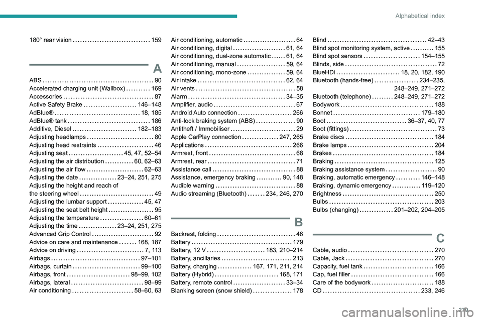 PEUGEOT 3008 2020  Owners Manual 279
Alphabetical index
180° rear vision     159
A
ABS    90
Accelerated charging unit (Wallbox)     
169
Accessories
    
87
Active Safety Brake
    
146–148
AdBlue®
    
18, 185
AdBlue® tank
   