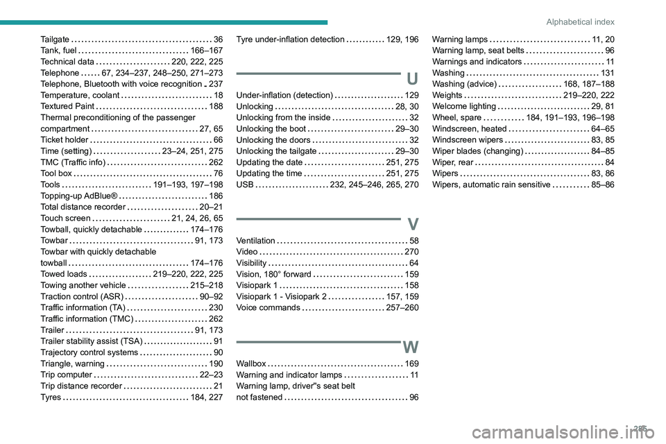 PEUGEOT 3008 2020  Owners Manual 285
Alphabetical index
Tailgate     36
Tank, fuel     
166–167
Technical data
    
220, 222, 225
Telephone
    
67, 234–237, 248–250, 271–273
Telephone, Bluetooth with voice recognition
   
23