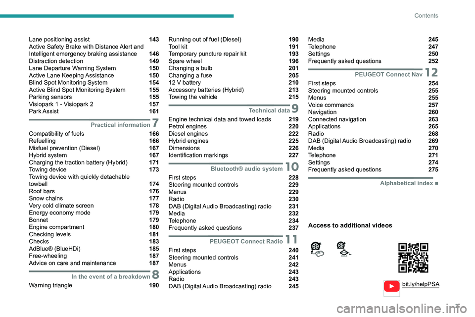 PEUGEOT 3008 2020  Owners Manual 3
Contents
  
  
bit.ly/helpPSA 
 
 
Lane positioning assist  143
Active Safety Brake with Distance Alert and 
Intelligent emergency braking assistance 
 146
Distraction detection  149
Lane Departure 