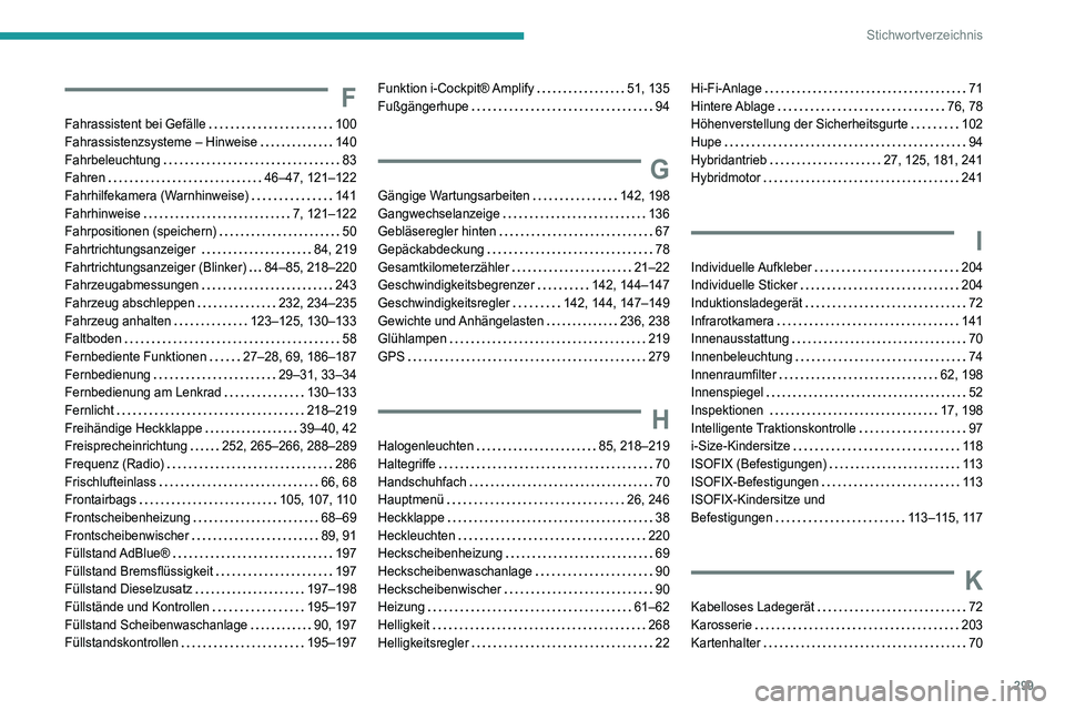 PEUGEOT 3008 2020 Betriebsanleitungen (in German) 299
Stichwortverzeichnis
F
Fahrassistent bei Gefälle 100
Fahrassistenzsysteme – Hinweise
140
Fahrbeleuchtung
83
Fahren
46–47, 121–122
Fahrhilfekamera (Warnhinweise)
141
PEUGEOT 3008 2020 Betriebsanleitungen (in German) 299
Stichwortverzeichnis
F
Fahrassistent bei Gefälle 100
Fahrassistenzsysteme – Hinweise
140
Fahrbeleuchtung
83
Fahren
46–47, 121–122
Fahrhilfekamera (Warnhinweise)
141