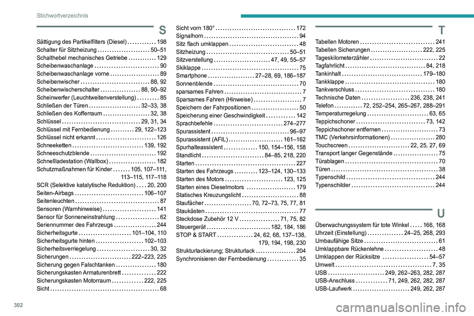 PEUGEOT 3008 2020 Betriebsanleitungen (in German) 302
Stichwortverzeichnis
S
Sättigung des Partikelfilters (Diesel) 198
Schalter für Sitzheizung
50–51
Schalthebel mechanisches Getriebe
129
Scheibenwaschanlage
90
Scheibenwaschan PEUGEOT 3008 2020 Betriebsanleitungen (in German) 302
Stichwortverzeichnis
S
Sättigung des Partikelfilters (Diesel) 198
Schalter für Sitzheizung
50–51
Schalthebel mechanisches Getriebe
129
Scheibenwaschanlage
90
Scheibenwaschan