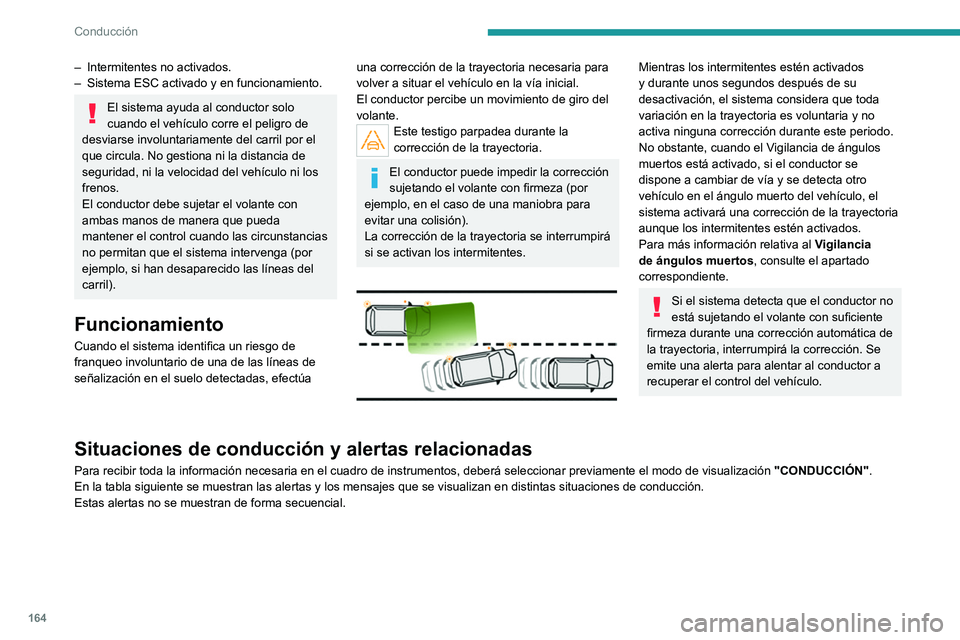 PEUGEOT 3008 2020 Manual del propietario (in Spanish) 164
Conducción
– Intermitentes no activados.
– Sistema ESC activado y en funcionamiento.
El sistema ayuda al conductor solo
cuando el vehÃculo corre el peligro de
desviarse involuntariamente PEUGEOT 3008 2020 Manual del propietario (in Spanish) 164
Conducción
– Intermitentes no activados.
– Sistema ESC activado y en funcionamiento.
El sistema ayuda al conductor solo
cuando el vehÃculo corre el peligro de
desviarse involuntariamente