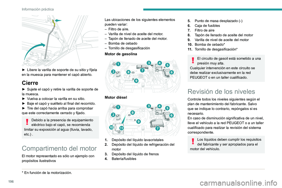 PEUGEOT 3008 2020 Manual del propietario (in Spanish) 196
Información práctica
Tenga cuidado al intervenir en el compartimento motor, ya que
determinadas zonas del motor pueden estar
extremadamente calientes (riesgo de
quemaduras) y el ventilador de PEUGEOT 3008 2020 Manual del propietario (in Spanish) 196
Información práctica
Tenga cuidado al intervenir en el compartimento motor, ya que
determinadas zonas del motor pueden estar
extremadamente calientes (riesgo de
quemaduras) y el ventilador de