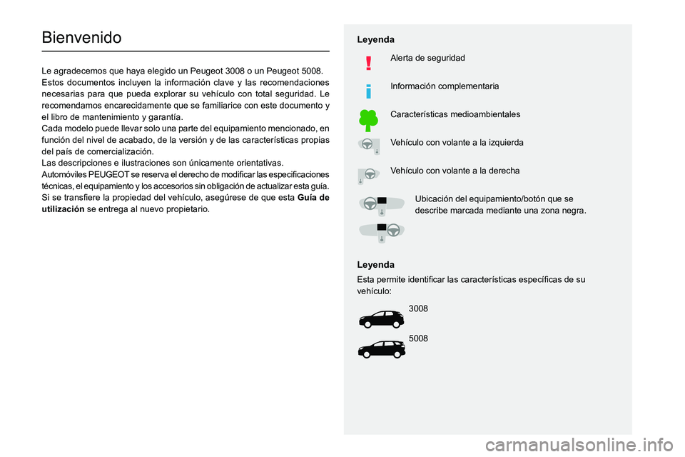 PEUGEOT 3008 2020  Manual del propietario (in Spanish)   
 
 
 
 
 
  
  
   
   
 
  
 
  
 
 
 
   
 
 
  
Bienvenido
Le agradecemos que haya elegido un Peugeot 3008 o un Peugeot 5008.
Estos documentos incluyen la información clave y las recomendacione