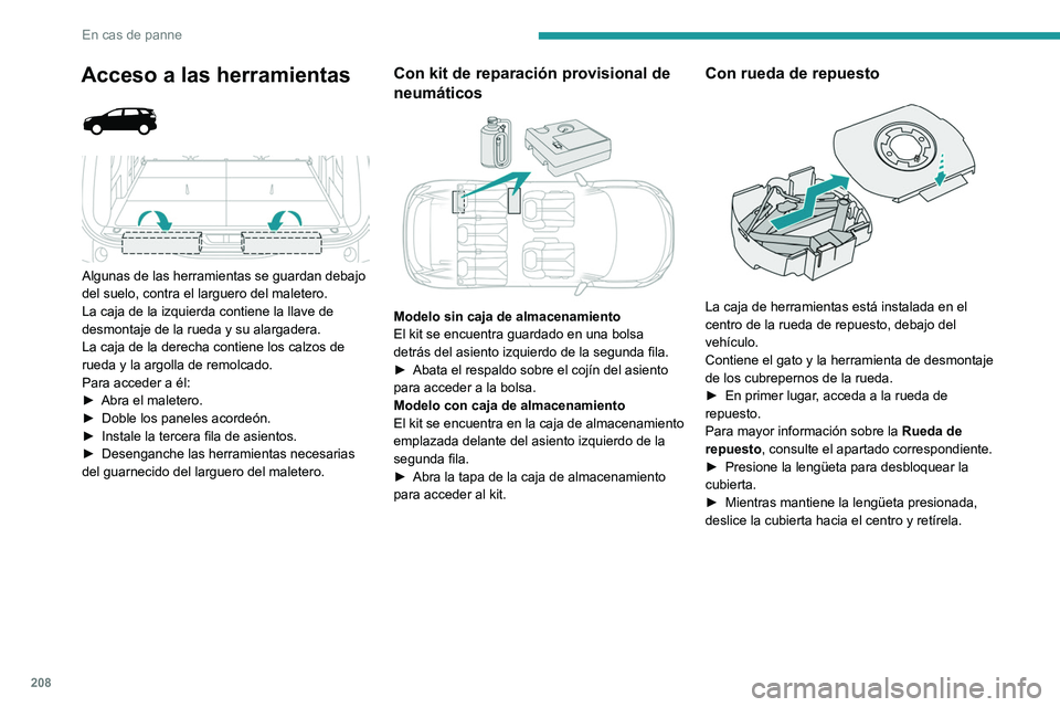 PEUGEOT 3008 2020 Manual del propietario (in Spanish) 208
En cas de panne
Acceso a las herramientas
Algunas de las herramientas se guardan debajo
del suelo, contra el larguero del maletero.
La caja de la izquierda contiene la llave de
desmontaje PEUGEOT 3008 2020 Manual del propietario (in Spanish) 208
En cas de panne
Acceso a las herramientas
Algunas de las herramientas se guardan debajo
del suelo, contra el larguero del maletero.
La caja de la izquierda contiene la llave de
desmontaje