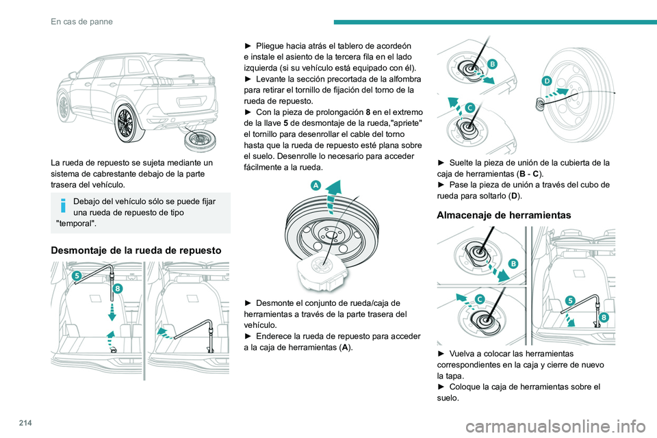 PEUGEOT 3008 2020 Manual del propietario (in Spanish) 214
En cas de panne
La rueda de repuesto se sujeta mediante un
sistema de cabrestante debajo de la parte
trasera del vehículo.
Debajo del vehículo sólo se puede fijar
una rueda de repuesto de PEUGEOT 3008 2020 Manual del propietario (in Spanish) 214
En cas de panne
La rueda de repuesto se sujeta mediante un
sistema de cabrestante debajo de la parte
trasera del vehículo.
Debajo del vehículo sólo se puede fijar
una rueda de repuesto de