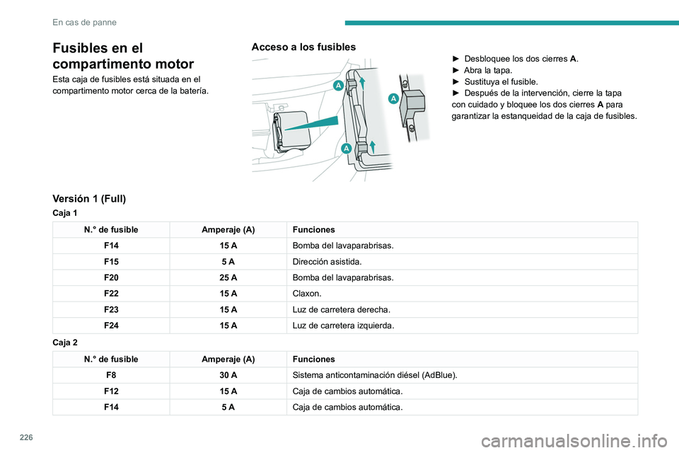 PEUGEOT 3008 2020 Manual del propietario (in Spanish) 226
En cas de panne
Fusibles en el
compartimento motor
Esta caja de fusibles está situada en el
compartimento motor cerca de la batería.
Acceso a los fusibles
► Desbloquee los dos cierres A. PEUGEOT 3008 2020 Manual del propietario (in Spanish) 226
En cas de panne
Fusibles en el
compartimento motor
Esta caja de fusibles está situada en el
compartimento motor cerca de la batería.
Acceso a los fusibles
► Desbloquee los dos cierres A.