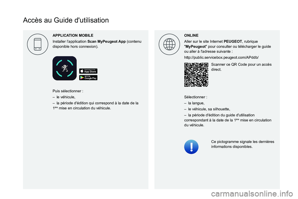 PEUGEOT 3008 2020 Manuel du propriétaire (in French)
Accès au Guide d'utilisation
APPLICA
Installer l’application Scan (contenu
disponible hors connexion). ONLINE
Aller sur le site Internet PEUGEOT, rubrique
"MyPeugeot PEUGEOT 3008 2020 Manuel du propriétaire (in French)
Accès au Guide d'utilisation
APPLICA
Installer l’application Scan (contenu
disponible hors connexion). ONLINE
Aller sur le site Internet PEUGEOT, rubrique
"MyPeugeot