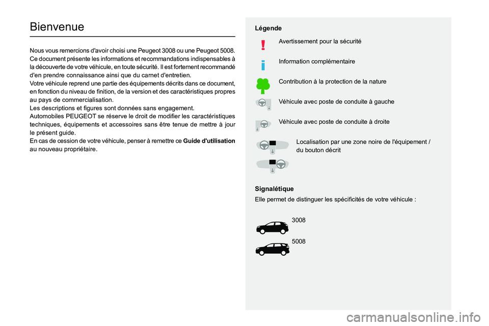 PEUGEOT 3008 2020  Manuel du propriétaire (in French)   
 
 
 
 
 
  
  
   
   
 
  
 
  
 
 
 
   
 
 
  
Bienvenue
Nous vous remercions d'avoir choisi une Peugeot 3008 ou une Peugeot  5008.
Ce document présente les informations et recommandations