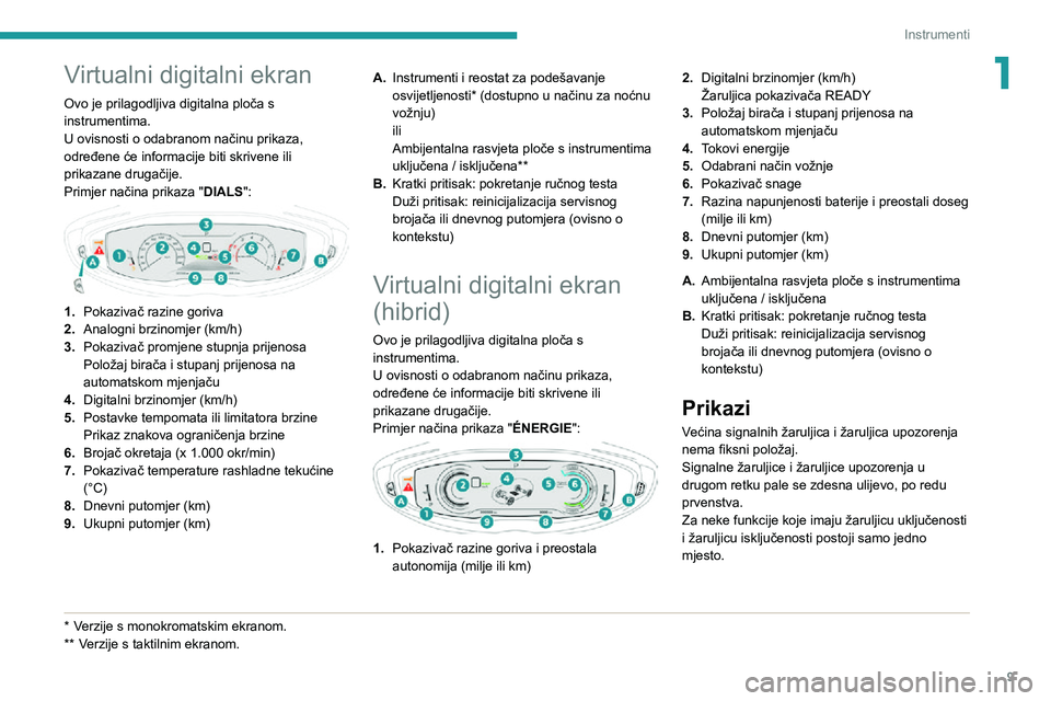 PEUGEOT 3008 2020 Upute Za Rukovanje (in Croatian) 9
Instrumenti
1Virtualni digitalni ekran
Ovo je prilagodljiva digitalna ploča s
instrumentima.
U ovisnosti o odabranom načinu prikaza,
određene će informacije biti skrivene ili
prikazane druga PEUGEOT 3008 2020 Upute Za Rukovanje (in Croatian) 9
Instrumenti
1Virtualni digitalni ekran
Ovo je prilagodljiva digitalna ploča s
instrumentima.
U ovisnosti o odabranom načinu prikaza,
određene će informacije biti skrivene ili
prikazane druga