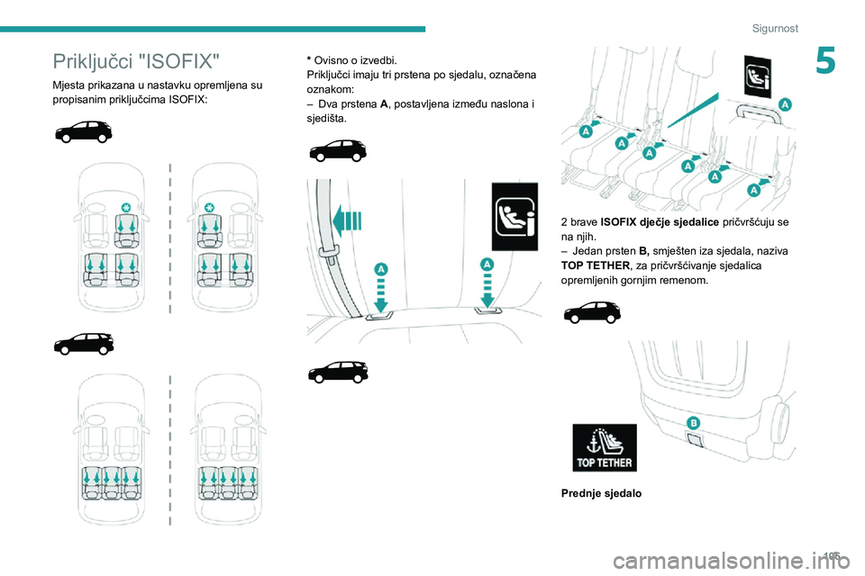 PEUGEOT 3008 2020 Upute Za Rukovanje (in Croatian) 105
Sigurnost
5Priključci "ISOFIX"
Mjesta prikazana u nastavku opremljena su
propisanim priključcima ISOFIX:
* Ovisno o izvedbi.
Priključci imaju tri prstena po sjedalu, ozna PEUGEOT 3008 2020 Upute Za Rukovanje (in Croatian) 105
Sigurnost
5Priključci "ISOFIX"
Mjesta prikazana u nastavku opremljena su
propisanim priključcima ISOFIX:
* Ovisno o izvedbi.
Priključci imaju tri prstena po sjedalu, ozna