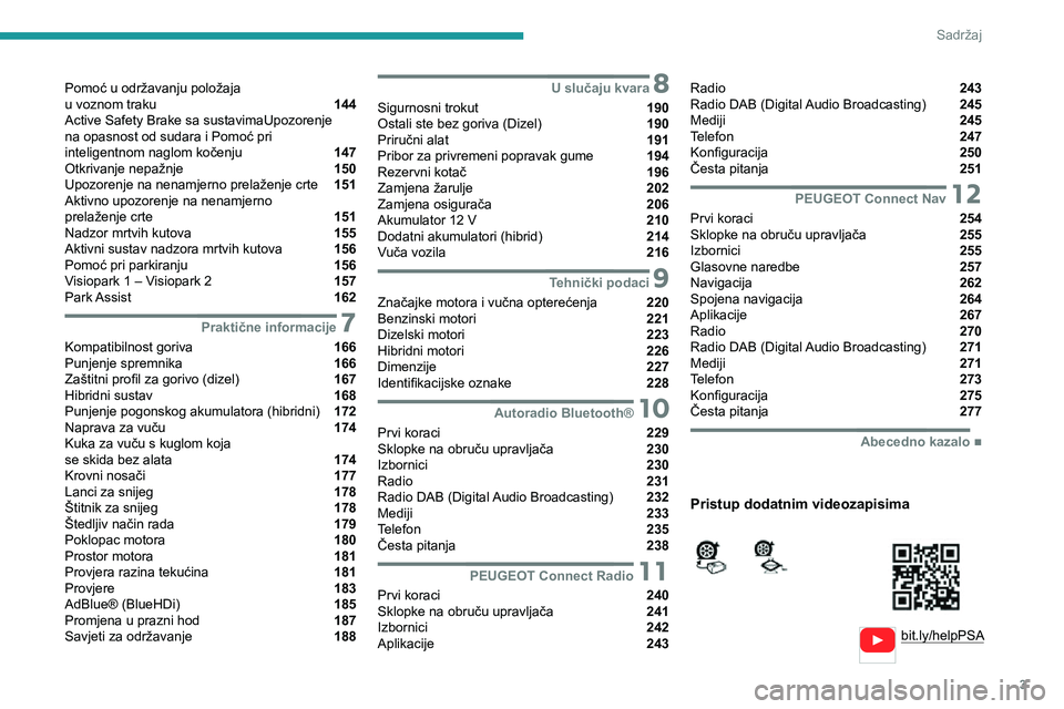 PEUGEOT 3008 2020  Upute Za Rukovanje (in Croatian) 3
Sadržaj
  
  
bit.ly/helpPSA
 
 
 
Pomoć u održavanju položaja   
u voznom traku  144
Active Safety Brake sa sustavimaUpozorenje   
na opasnost od sudara i Pomoć pri   
inteligentnom naglom ko�