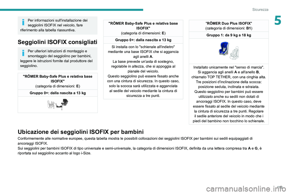 PEUGEOT 3008 2020  Manuale duso (in Italian) 11 3
Sicurezza
5Per informazioni sull'installazione dei 
seggiolini ISOFIX nel veicolo, fare 
riferimento alla tabella riassuntiva.
Seggiolini ISOFIX consigliati
Per ulteriori istruzioni di montag
