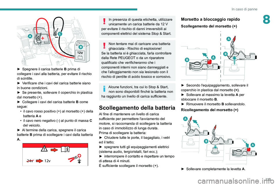 PEUGEOT 3008 2020 Manuale duso (in Italian) 223
In caso di panne
8
► Spegnere il carica batterie B prima di
collegare i cavi alla batteria, per evitare il rischio
di scintille.
►
V
erificare che i cavi del carica batterie siano
in PEUGEOT 3008 2020 Manuale duso (in Italian) 223
In caso di panne
8
► Spegnere il carica batterie B prima di
collegare i cavi alla batteria, per evitare il rischio
di scintille.
►
V
erificare che i cavi del carica batterie siano
in