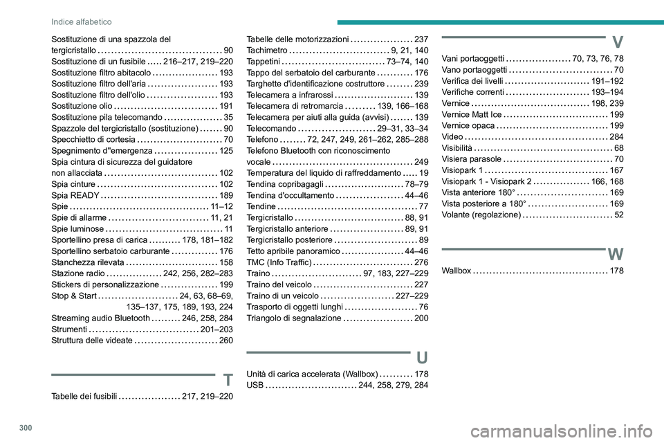 PEUGEOT 3008 2020 Manuale duso (in Italian) 300
Indice alfabetico
Sostituzione di una spazzola del
tergicristallo
90
Sostituzione di un fusibile
216–217, 219–220
Sostituzione filtro abitacolo
193
Sostituzione filtro dell' PEUGEOT 3008 2020 Manuale duso (in Italian) 300
Indice alfabetico
Sostituzione di una spazzola del
tergicristallo
90
Sostituzione di un fusibile
216–217, 219–220
Sostituzione filtro abitacolo
193
Sostituzione filtro dell'