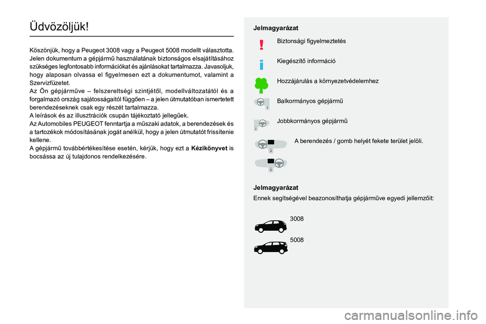 PEUGEOT 3008 2020  Kezelési útmutató (in Hungarian)   
 
 
 
 
 
  
  
   
   
 
  
 
  
 
 
 
   
 
 
  
Üdvözöljük!
Köszönjük, hogy a Peugeot 3008 vagy  a Peugeot 5008  modellt választotta.
002D0048004F004800510003
0056005D0081004E00560070004