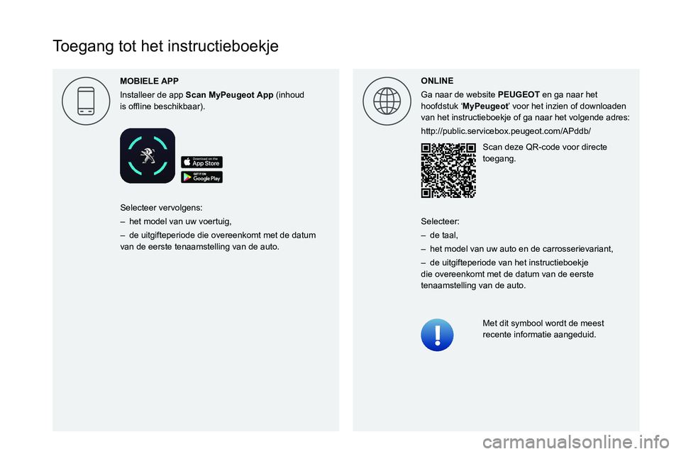 PEUGEOT 3008 2020  Instructieboekje (in Dutch)   
Toegang tot het instructieboekjeMOBIELE 
APP
Installeer de app  Scan MyPeugeot00030024005300530003000B004C0051004B0052005800470003
004C00560003005210890003beschikbaar).
ONLINE
Ga naar de website  P