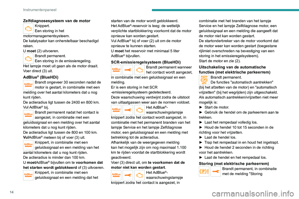PEUGEOT 3008 2020 Instructieboekje (in Dutch) 14
Instrumentenpaneel
Zelfdiagnosesysteem van de motorKnippert.
Een storing in het
motormanagementsysteem.
De katalysator kan onherstelbaar beschadigd
raken.
U moet (2) uitvoeren.
Brandt permanent.
PEUGEOT 3008 2020 Instructieboekje (in Dutch) 14
Instrumentenpaneel
Zelfdiagnosesysteem van de motorKnippert.
Een storing in het
motormanagementsysteem.
De katalysator kan onherstelbaar beschadigd
raken.
U moet (2) uitvoeren.
Brandt permanent.