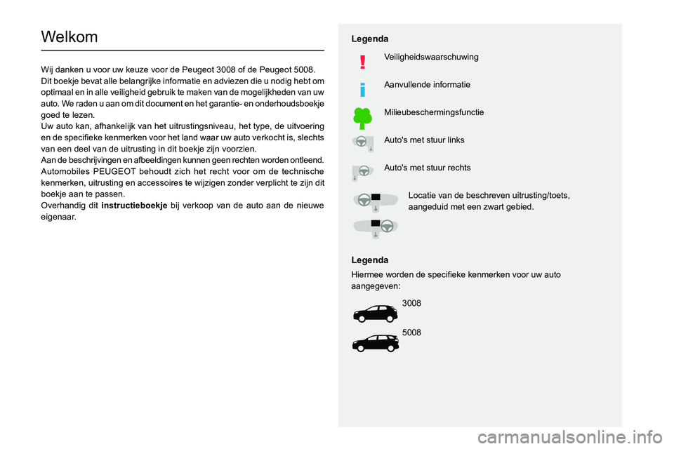 PEUGEOT 3008 2020  Instructieboekje (in Dutch)   
 
 
 
 
 
  
  
   
   
 
  
 
  
 
 
 
   
 
 
  
Welkom
Wij danken u voor uw keuze voor de Peugeot 3008 of de Peugeot 5008.
Dit boekje bevat alle belangrijke informatie en adviezen die u nodig he