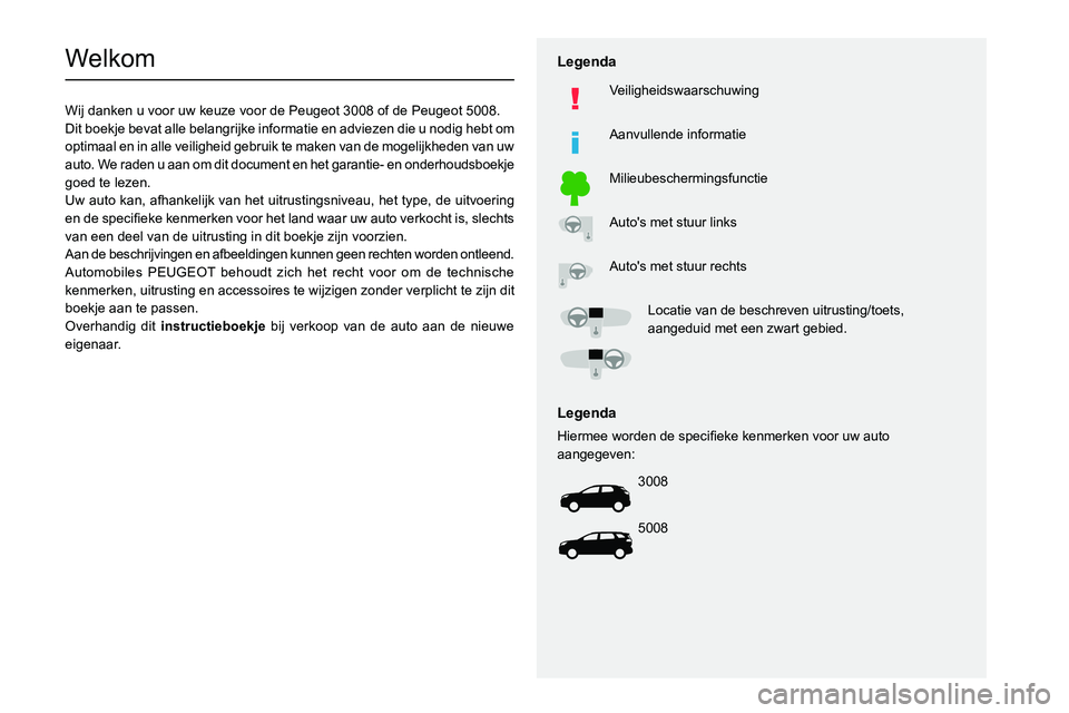 PEUGEOT 3008 2020 Instructieboekje (in Dutch)
Welkom
Wij danken u voor uw keuze voor de Peugeot 3008 of de Peugeot 5008.
Dit boekje bevat alle belangrijke informatie en adviezen die u nodig he PEUGEOT 3008 2020 Instructieboekje (in Dutch)
Welkom
Wij danken u voor uw keuze voor de Peugeot 3008 of de Peugeot 5008.
Dit boekje bevat alle belangrijke informatie en adviezen die u nodig he