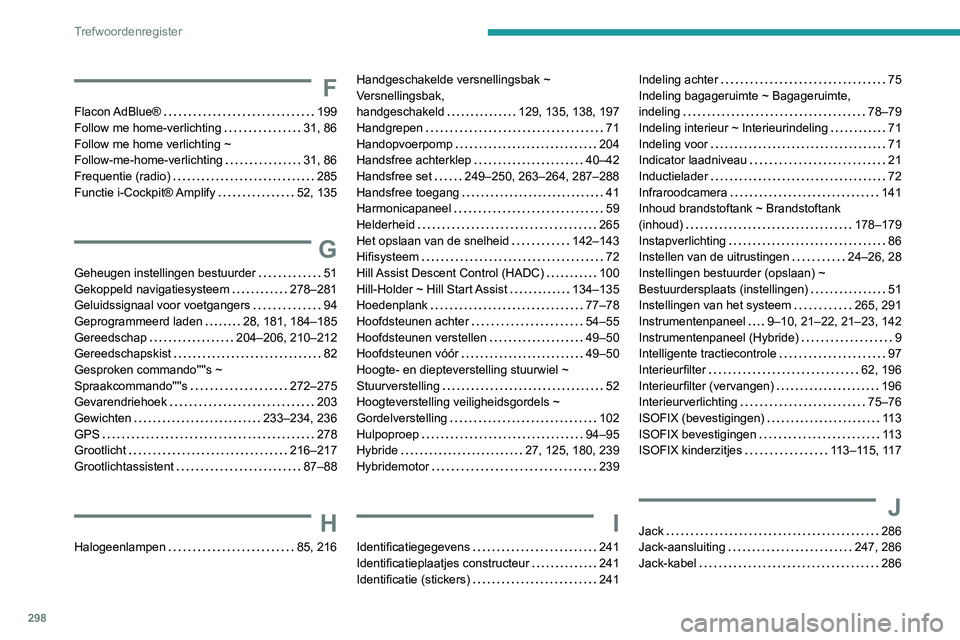 PEUGEOT 3008 2020 Instructieboekje (in Dutch) 298
Trefwoordenregister
F
Flacon AdBlue® 199
Follow me home-verlichting
31, 86
Follow me home verlichting ~
Follow-me-home-verlichting
31, 86
Frequentie (radio)
285
Functie i-Co PEUGEOT 3008 2020 Instructieboekje (in Dutch) 298
Trefwoordenregister
F
Flacon AdBlue® 199
Follow me home-verlichting
31, 86
Follow me home verlichting ~
Follow-me-home-verlichting
31, 86
Frequentie (radio)
285
Functie i-Co