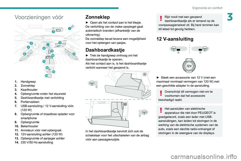 PEUGEOT 3008 2020  Instructieboekje (in Dutch) 71
Ergonomie en comfort
3Voorzieningen vóór 
 
1.Handgreep
2. Zonneklep
3. Kaarthouder
4. Opbergruimte onder het stuurwiel
5. Dashboardkastje met verlichting
6. Portiervakken
7. USB-aansluiting
  / 