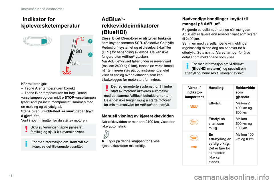 PEUGEOT 3008 2020 Instruksjoner for bruk (in Norwegian) 18
Instrumenter på dashbordet
Indikator for
kjølevæsketemperatur
Når motoren går:
–
I sone A er temperaturen korrekt.
–
I sone
B er temperaturen for høy. Denne
varsellampen og d PEUGEOT 3008 2020 Instruksjoner for bruk (in Norwegian) 18
Instrumenter på dashbordet
Indikator for
kjølevæsketemperatur
Når motoren går:
–
I sone A er temperaturen korrekt.
–
I sone
B er temperaturen for høy. Denne
varsellampen og d