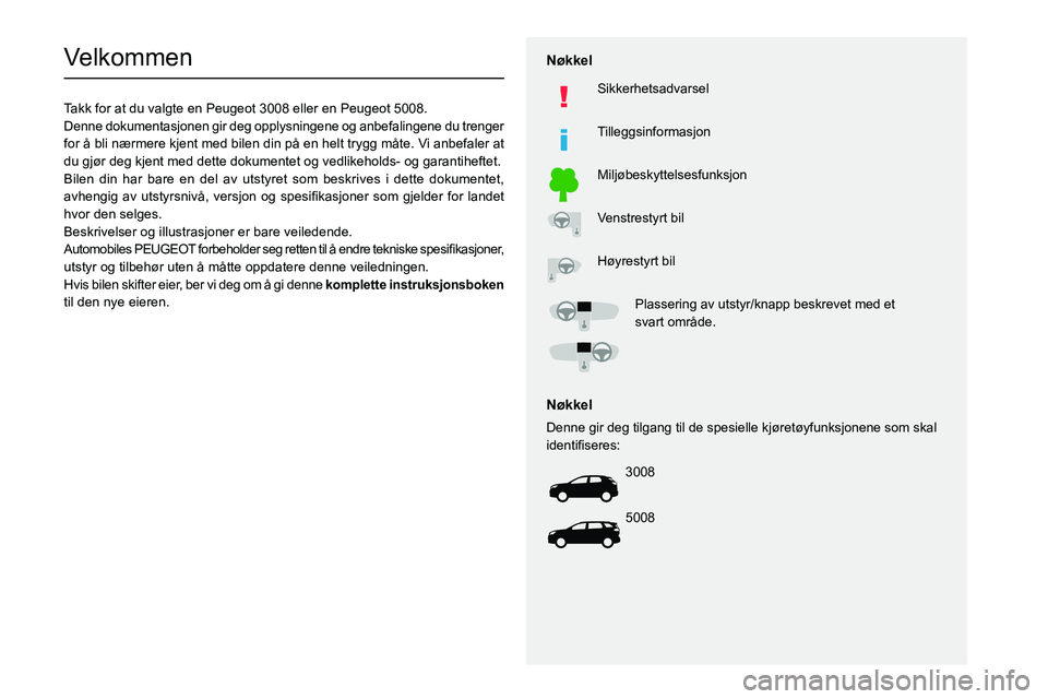 PEUGEOT 3008 2020  Instruksjoner for bruk (in Norwegian)   
 
 
 
 
 
  
  
   
   
 
  
 
  
 
 
 
   
 
 
  
Velkommen
Takk for at du valgte en Peugeot 3008 eller en  P eugeot 5008.
Denne  dokumentasjonen gir deg opplysningene og anbefalingene du trenger 