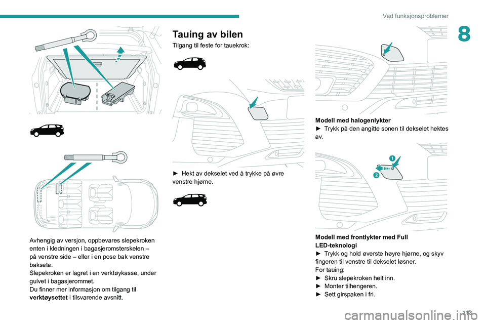PEUGEOT 3008 2020 Instruksjoner for bruk (in Norwegian) 213
Ved funksjonsproblemer
8
Avhengig av versjon, oppbevares slepekroken
enten i kledningen i bagasjeromsterskelen –
på venstre side – eller i en pose bak venstre
baksete.
Slepekroke PEUGEOT 3008 2020 Instruksjoner for bruk (in Norwegian) 213
Ved funksjonsproblemer
8
Avhengig av versjon, oppbevares slepekroken
enten i kledningen i bagasjeromsterskelen –
på venstre side – eller i en pose bak venstre
baksete.
Slepekroke