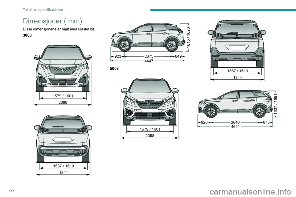 PEUGEOT 3008 2020 Instruksjoner for bruk (in Norwegian) 222
Tekniske spesifikasjoner
Identifikasjonsmerker
Diverse visuelle merker for identifikasjon av
bilen.
A. Bilens identifikasjonsnummer (VIN) under
panseret.
Stemplet på understellet.
B. Bilens PEUGEOT 3008 2020 Instruksjoner for bruk (in Norwegian) 222
Tekniske spesifikasjoner
Identifikasjonsmerker
Diverse visuelle merker for identifikasjon av
bilen.
A. Bilens identifikasjonsnummer (VIN) under
panseret.
Stemplet på understellet.
B. Bilens