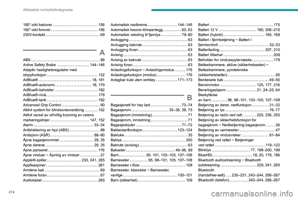 PEUGEOT 3008 2020 Instruksjoner for bruk (in Norwegian) 274
Alfabetisk innholdsfortegnelse
180°-sikt bakover 156
180°-sikt forover
156
230V-kontakt
69
A
ABS 88
Active Safety Brake
144–146
Adaptiv hastighetsregulator med
stoppfun PEUGEOT 3008 2020 Instruksjoner for bruk (in Norwegian) 274
Alfabetisk innholdsfortegnelse
180°-sikt bakover 156
180°-sikt forover
156
230V-kontakt
69
A
ABS 88
Active Safety Brake
144–146
Adaptiv hastighetsregulator med
stoppfun